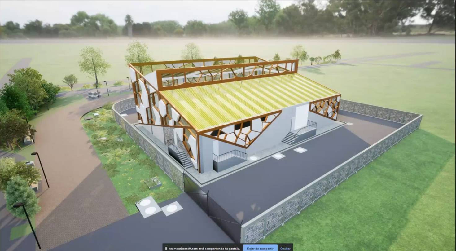 Vista aérea en render de la Subestación Eléctrica Guaymaral, con cubierta translúcida, cerramiento en piedra y zonas verdes