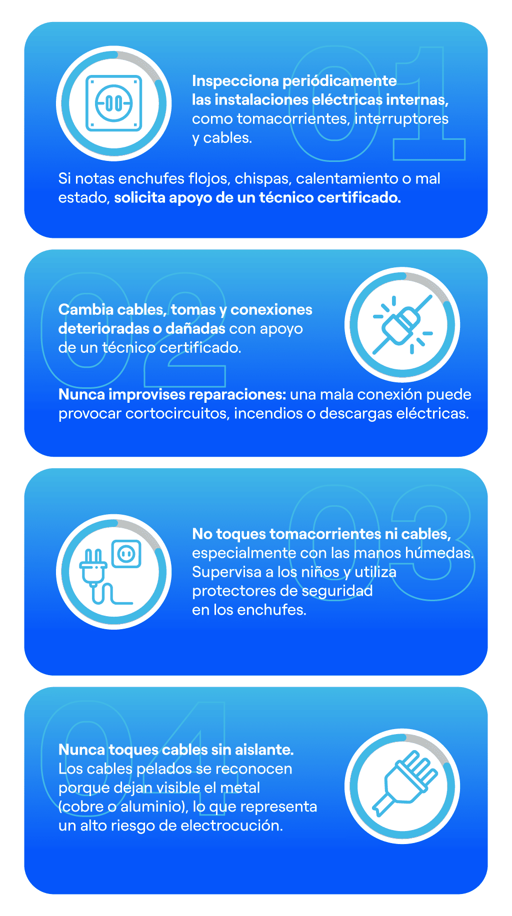 Recomendaciones para prevenir riesgos eléctricos en el hogar, como revisar conexiones, enchufes y electrodomésticos