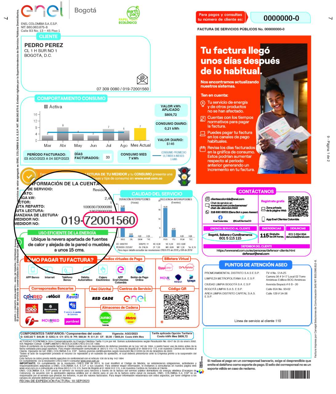 Ejemplo de una factura de energía de Enel Colombia que muestra datos del cliente, consumo, valor a pagar y medios de pago.