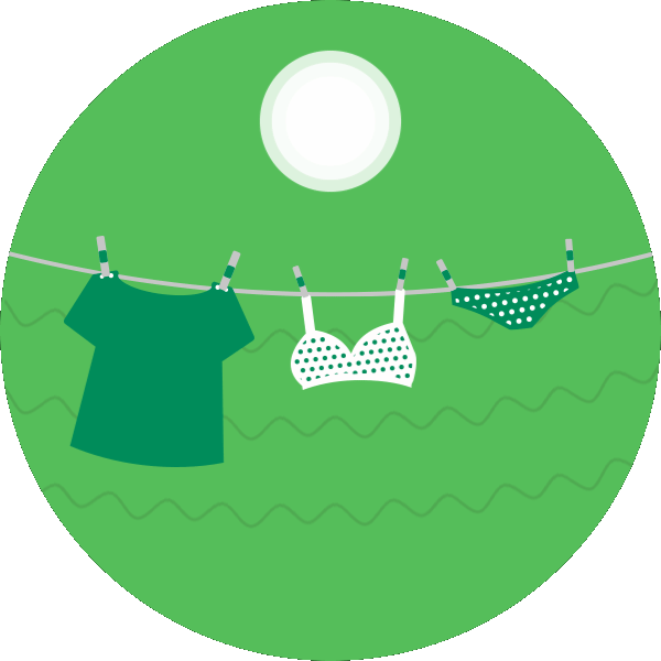 Ilustración de ropa colgada al sol representando la recomendación de secar prendas al aire libre para ahorrar energía.