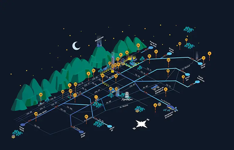Mapa de la Ruta de la Navidad de Bogotá 2023, iluminada con el apoyo de Enel. Para planes nocturnos con amigos y familia.