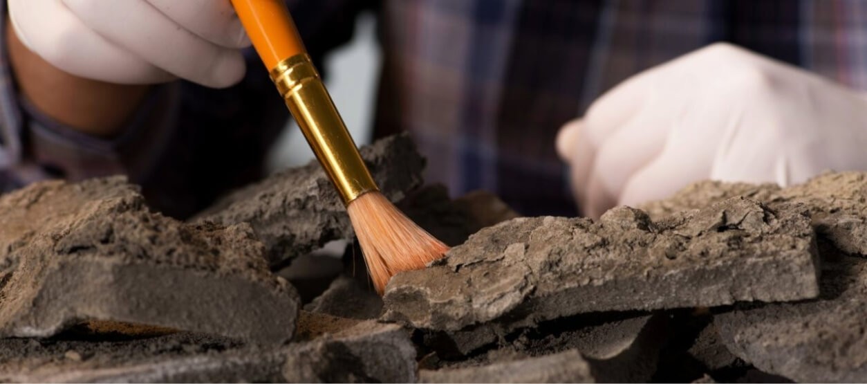 Arqueólogo limpiando una pieza encontrada durante un rescate arqueológico.