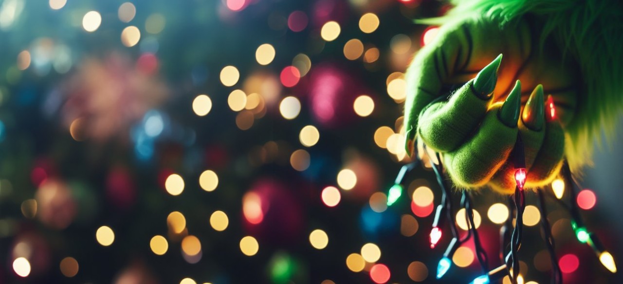 Mano del Grinch sosteniendo luces de Navidad de colores.