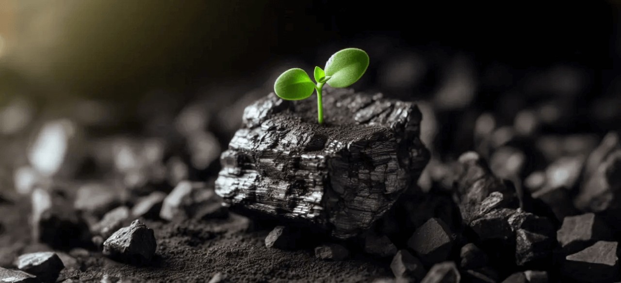 Una planta brota sobre un trozo de carbón, símbolo de sostenibilidad ambiental.