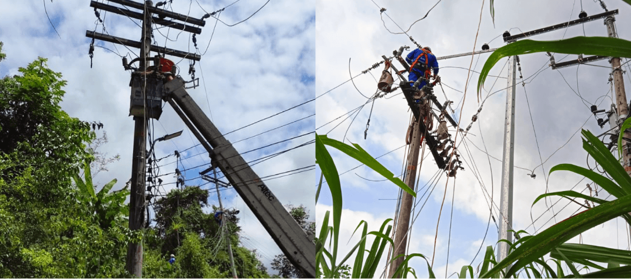 Operario de Enel haciendo mantenimiento eléctrico en poste 