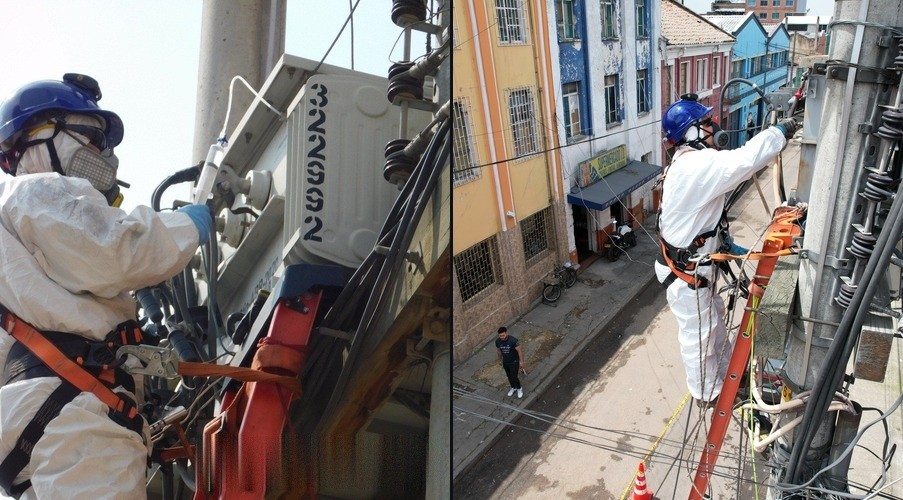 Técnico de Enel realiza labores de mantenimiento en infraestructura eléctrica usando equipo de protección especial.