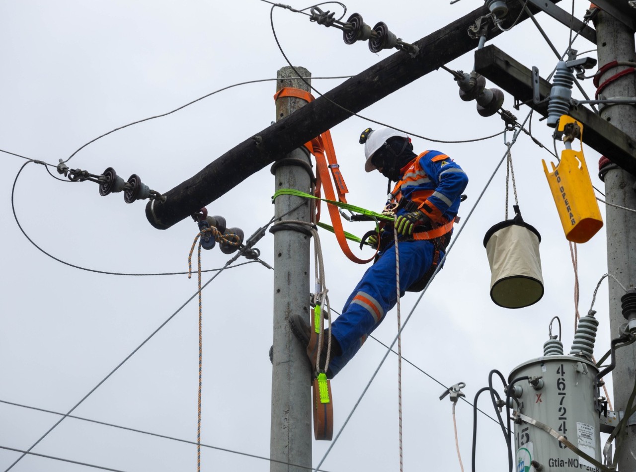 Técnico de Enel realiza mantenimiento en una red eléctrica aérea utilizando equipo de protección