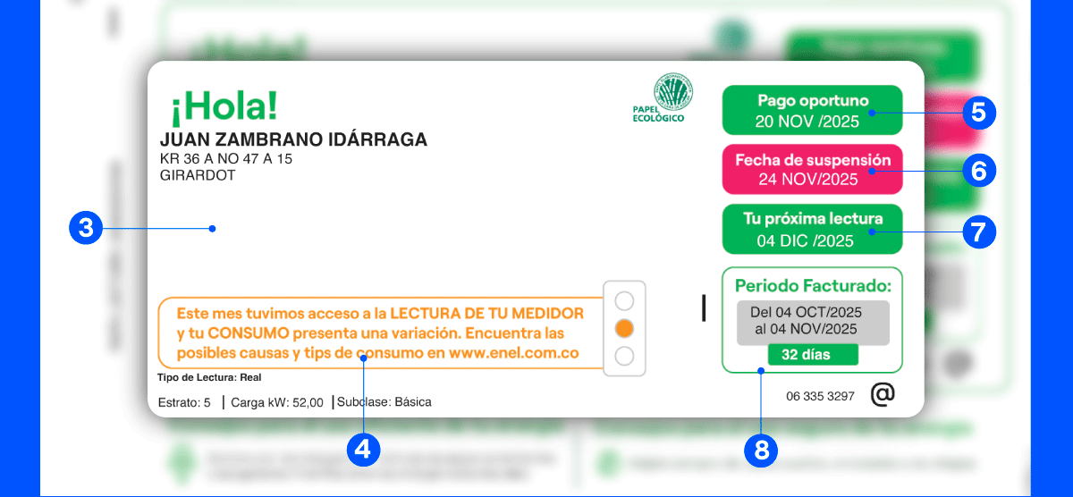 Parte frontal de la factura Enel: datos del cliente, aviso informativo y fechas de pago oportuno y suspensión