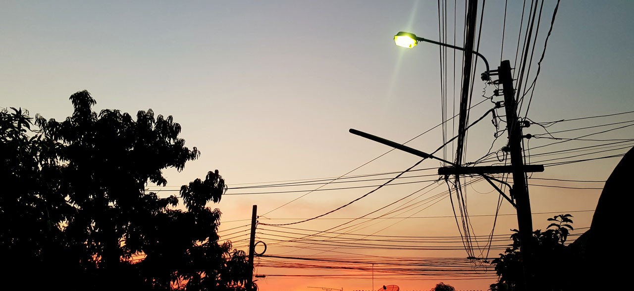 Redes eléctricas cerca de árboles al atardecer, relacionadas con medidas preventivas para poda.