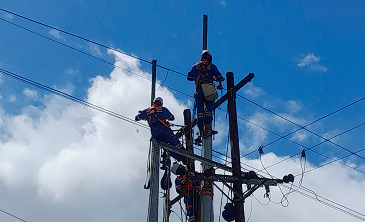 Dos linieros de Enel Colombia trabajan en altura sobre un poste de la red eléctrica durante una jornada de mantenimiento