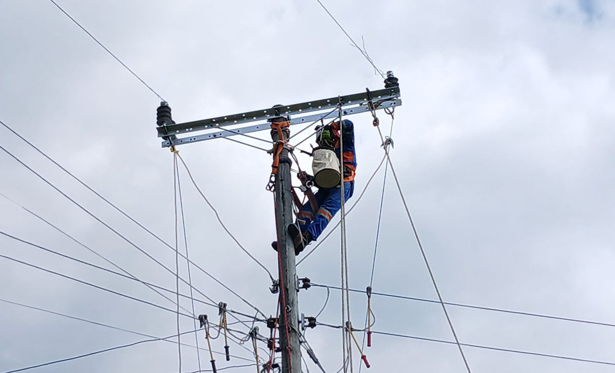 Ingeniero de  Enel Colombia trabaja en altura sobre un poste de energía durante labores de mantenimiento de la red eléctrica