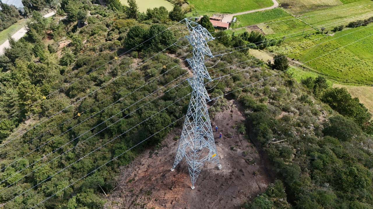 Técnico de Enel Colombia con arnés de seguridad realizando mantenimiento en poste de red eléctrica