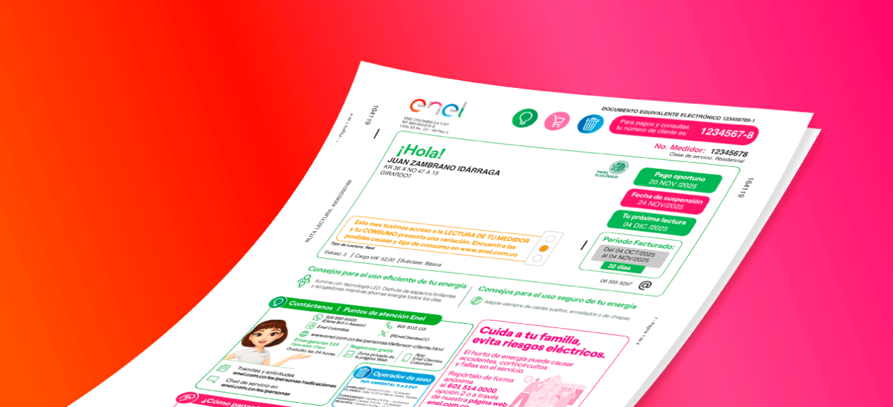 Nueva factura de energía Enel Colombia con saludo personalizado, fechas de pago destacadas en verde y consejos de uso eficiente