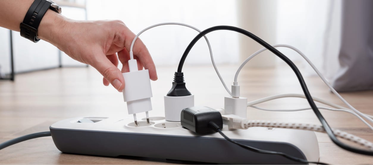 Persona conectando un cargador en una multitoma con varios dispositivos eléctricos.